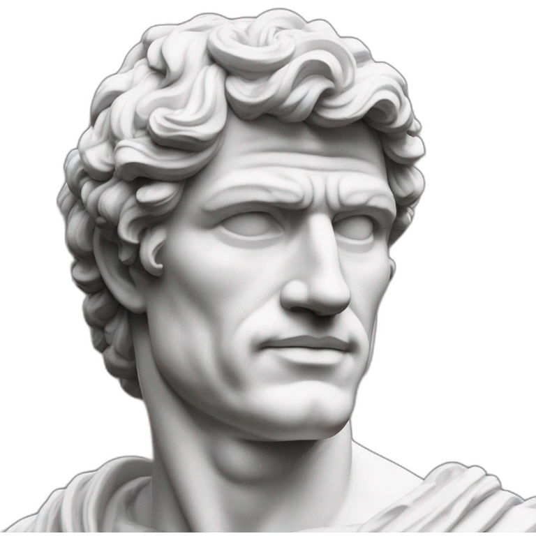 estátua dos pés a cabeça de um homem musculoso igual a Roma antiga. Mármore branco. Sem roupas. O bico do peito está em destaque, em seguida a V-Line da cintura. Sem roupa. emoji
