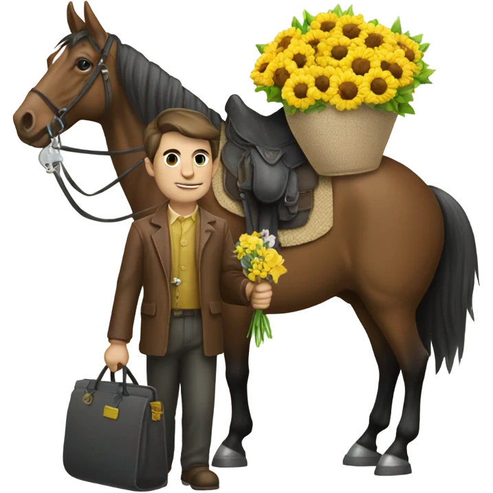 Guy with head of a horse and holding a big key and a bag filled with flower emoji
