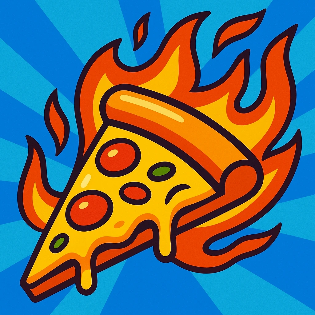 pizza slice with flames, energetic illustration, vibrant and dynamic, bold colorful cartoon style emoji