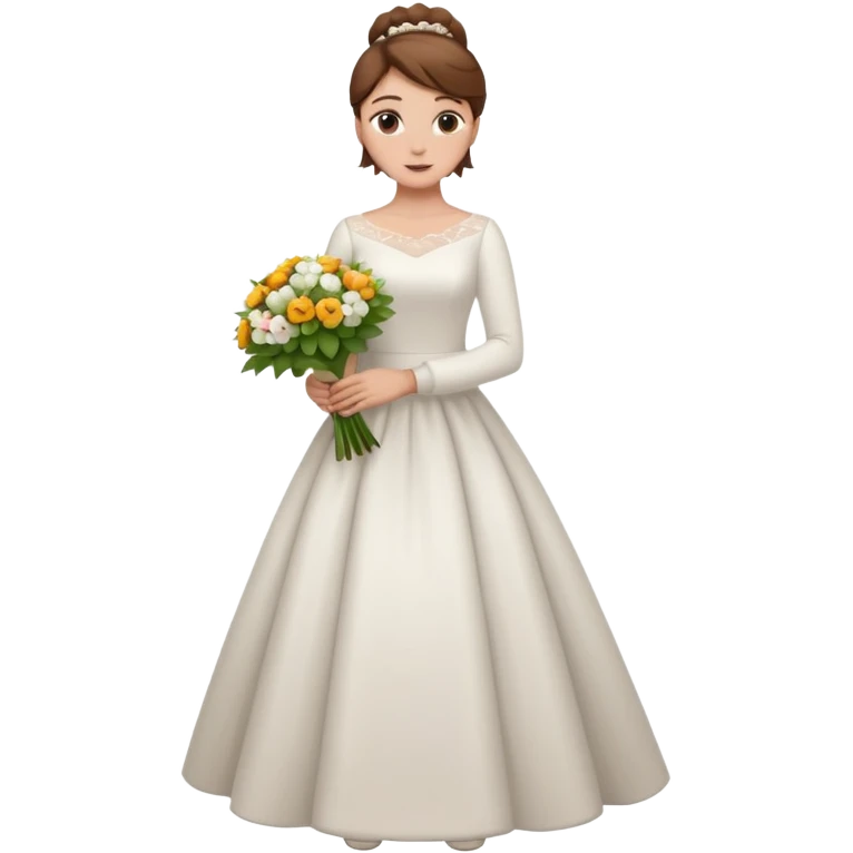 Chica blanca, cabello castaño, recogido en moño alto con mechones, vestido novia de manga larga, cuerpo entero, ramo de flores en una mano emoji