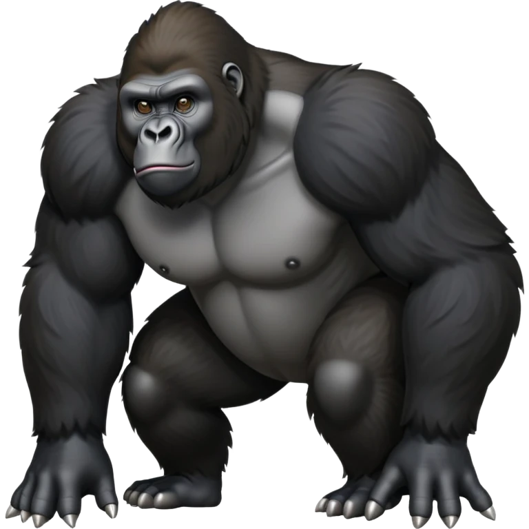 cinematic-friendly gorilla-realistic-full-body-crouched on all fours-emoji,-broad-and-powerful-frame-poised-with-confidence,-massive-arms-hanging-slightly-forward,-head-tilted-thoughtfully,-thick-black-fur,-deep-dark-eyes-full-of-intelligence,-simplified-yet-realistic emoji