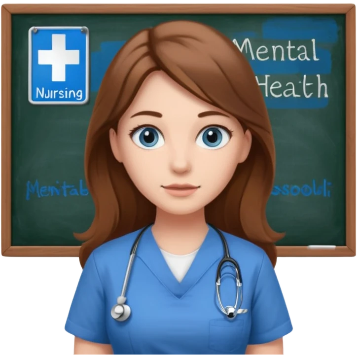 university classroom that says Mental Health Nursing on the blackboard with a pretty female nursing student with long brown hair, blue eyes emoji