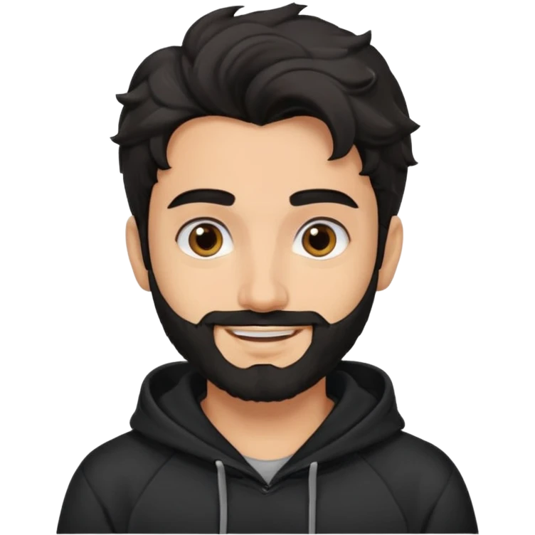 young fair skin pakistani guy smiling with black beard, wavy hair pushed back and brown eyes and thick eyebrows wearing black hoodie emoji