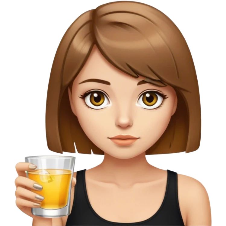 light brown hair girl with short bob with a shot of tequila wearing black emoji