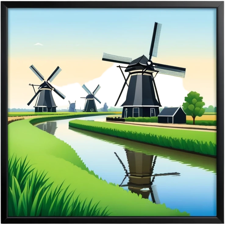 cinematic-realistic-kinderdijk-windmills-landmark-emoji,-showcasing-traditional-dutch-windmills-aligned-along-a-tranquil-canal,-with-lush-green-fields in a picture frame emoji