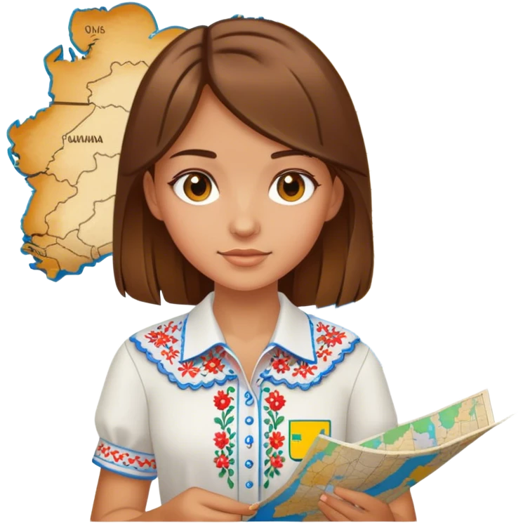 A Ukrainian girl with brown hair wearing an embroidered shirt holds a map of Ukraine emoji