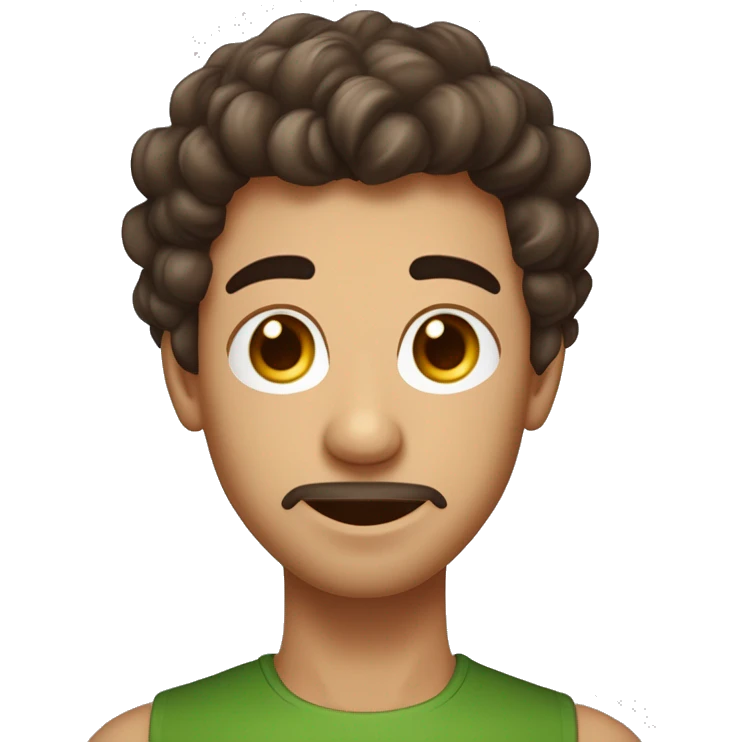 Sexe masculin. Cheveux brun foncé clair, bouclés, qui descendent jusqu'aux oreilles. Teint clair. Yeux marron vert. Visage ovale avec un léger bouc. Expression légèrement sérieuse avec sourcils froncés. Ajoute des AirPods. emoji