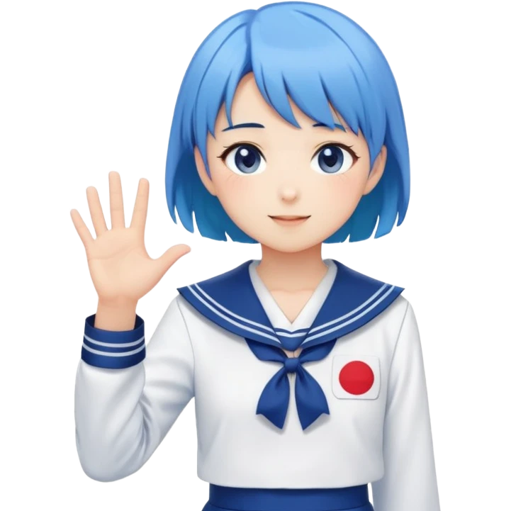 Anime girl with short bright blue hair wearing Japanese sailor style school uniform, composed posture with hand on hip but shyly waving with other hand, blushing face and timid smile emoji