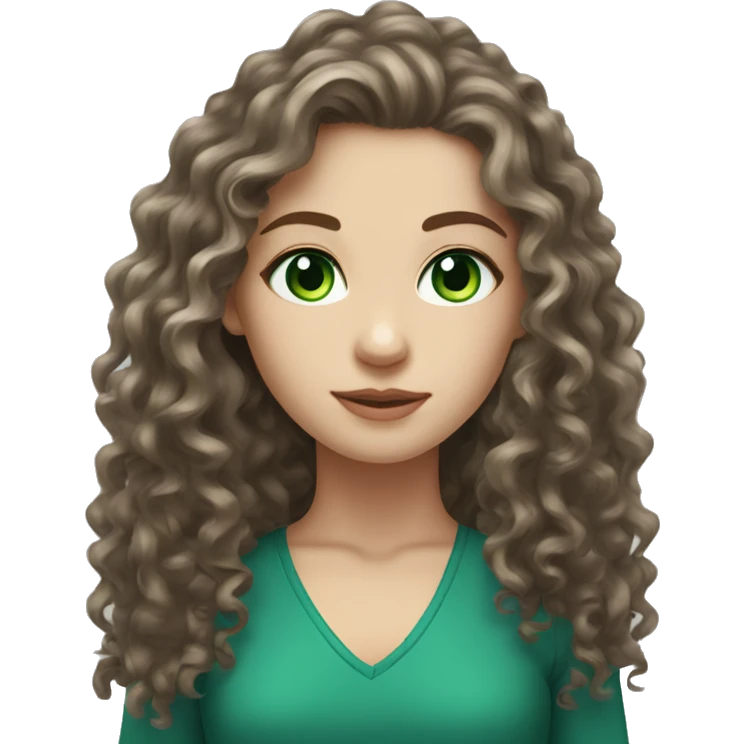 White girl dark brown shoulder long very curly hair and green blue eyes  emoji