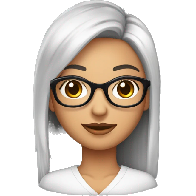 Mulher de pele parda com cabelo médio, preto, sobrancelhas grossas, olhos brilhantes, óculos, boca rosada, olhos castanhos, duas covinhas, blusa de gola alta preta   emoji