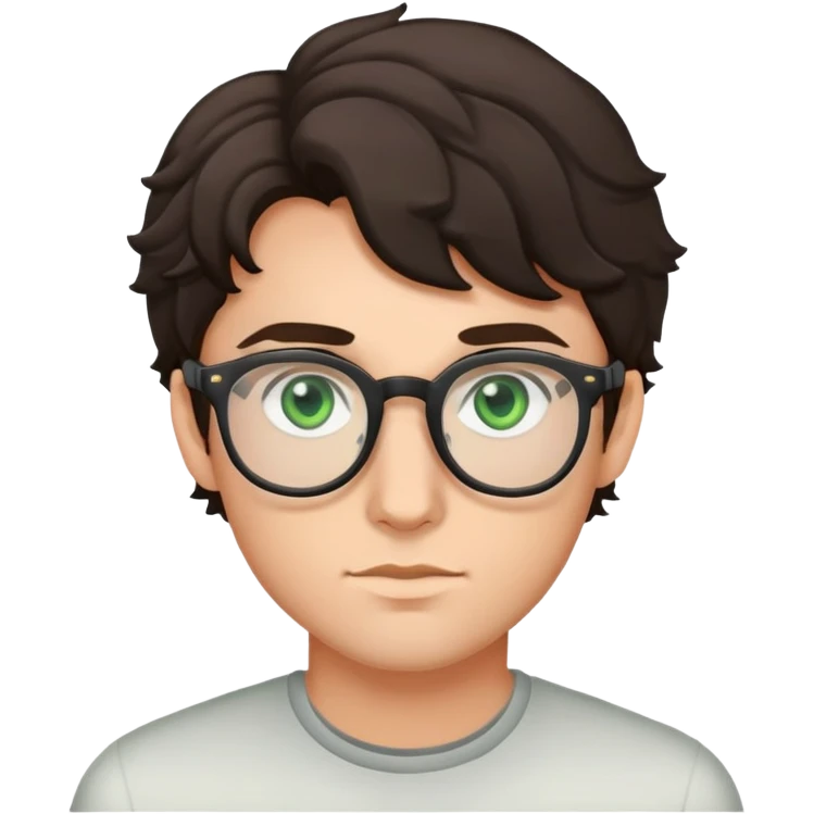 young man with dark slightly curled hair wearing glasses with green eyes emoji