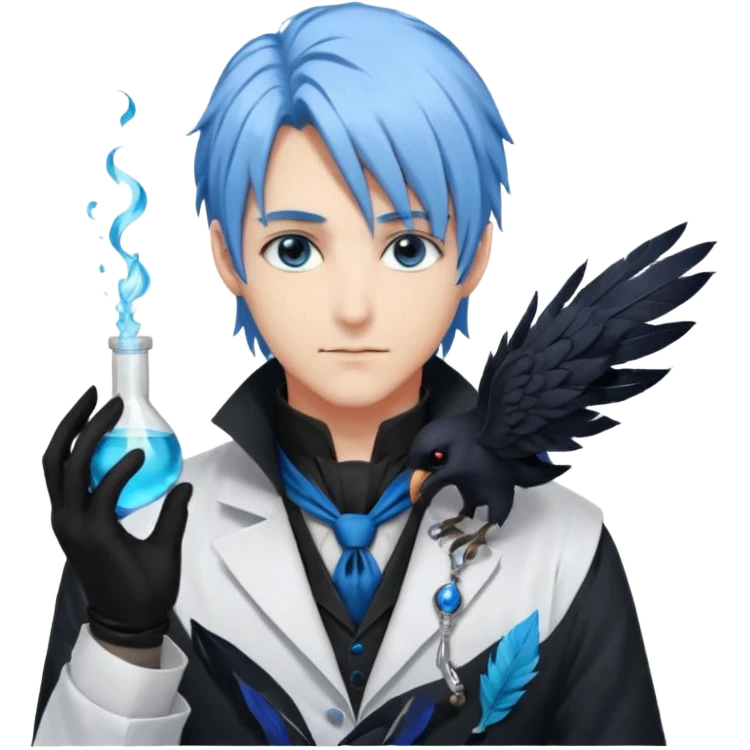 Alchemist handsome anime man with light-blue beautiful hair, handsome sexy, long hair tendril bangs down on the sides, white lab coat, blue cravat, black feathers on shoulder, raven companion, black gloves, red eyes emoji