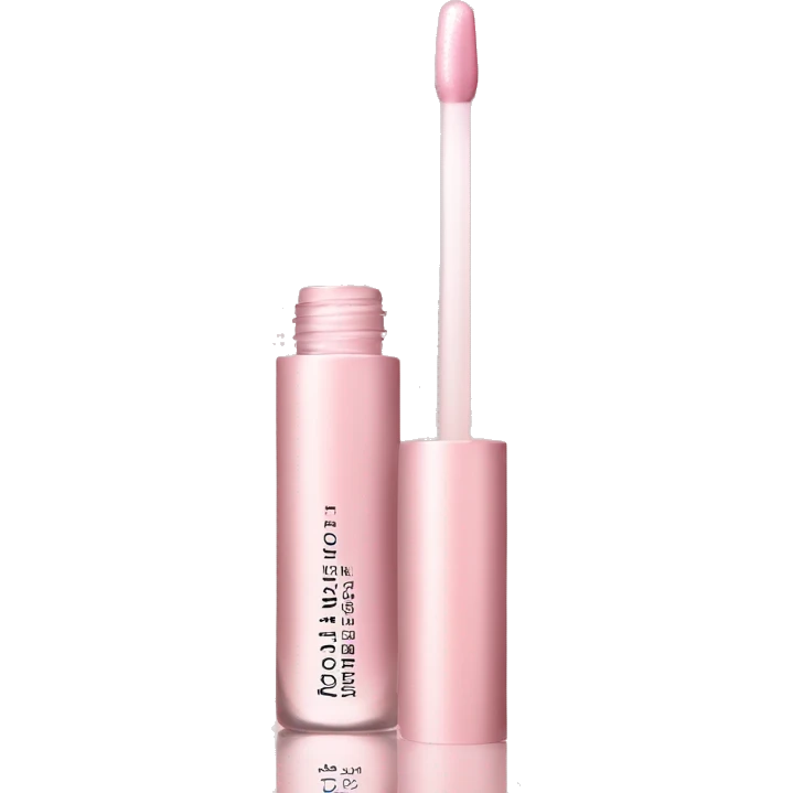 , pastel pink lip oil bottle with a subtle shimmer, giving off a luxurious and hydrating vibe. The bottle is slightly translucent with a soft pink hue emoji