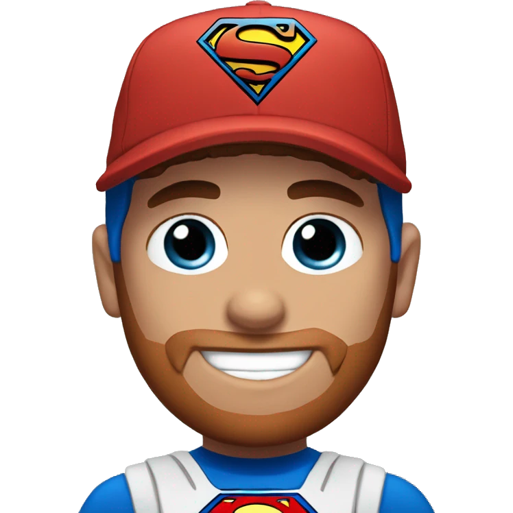 Superman with a goat, blue eyes, reddish hair, freckles, reddish beard, backwards ball cap emoji