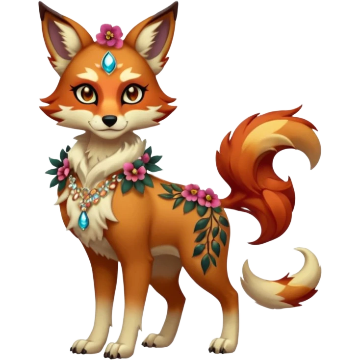 Multicolored gloomy dark edgy spooky hot warm badass realistic floral exotic Falvie-Fionbri-fursona, full body, wearing jewelries emoji