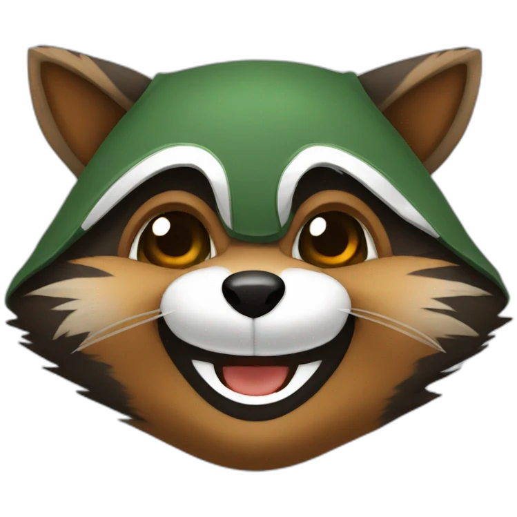 brown raccoon with orange eyes and a dark green hood that is laughing emoji