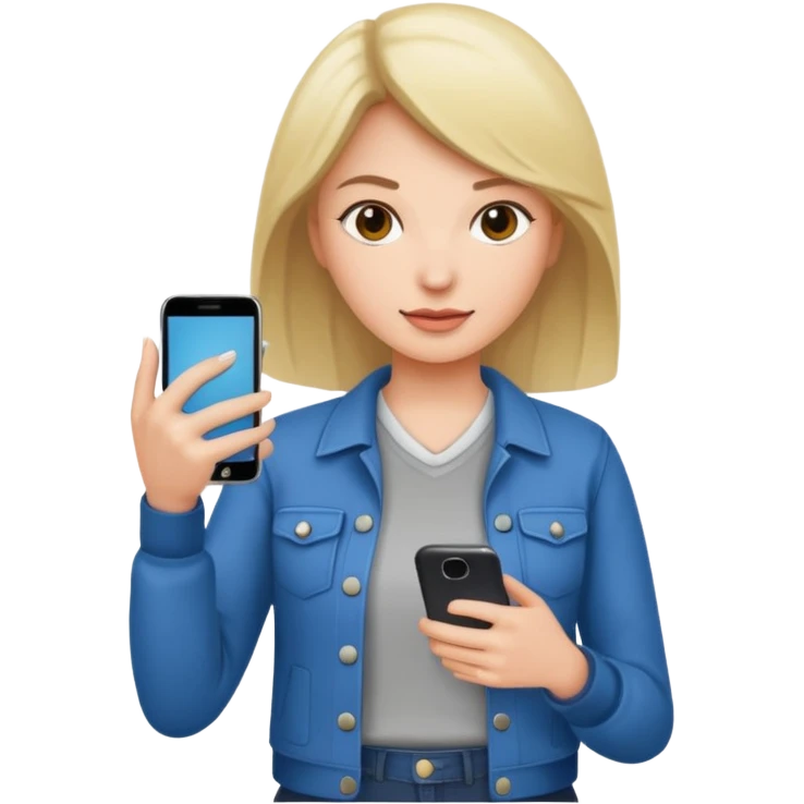 woman casual clothes holding one phone in one hand emoji