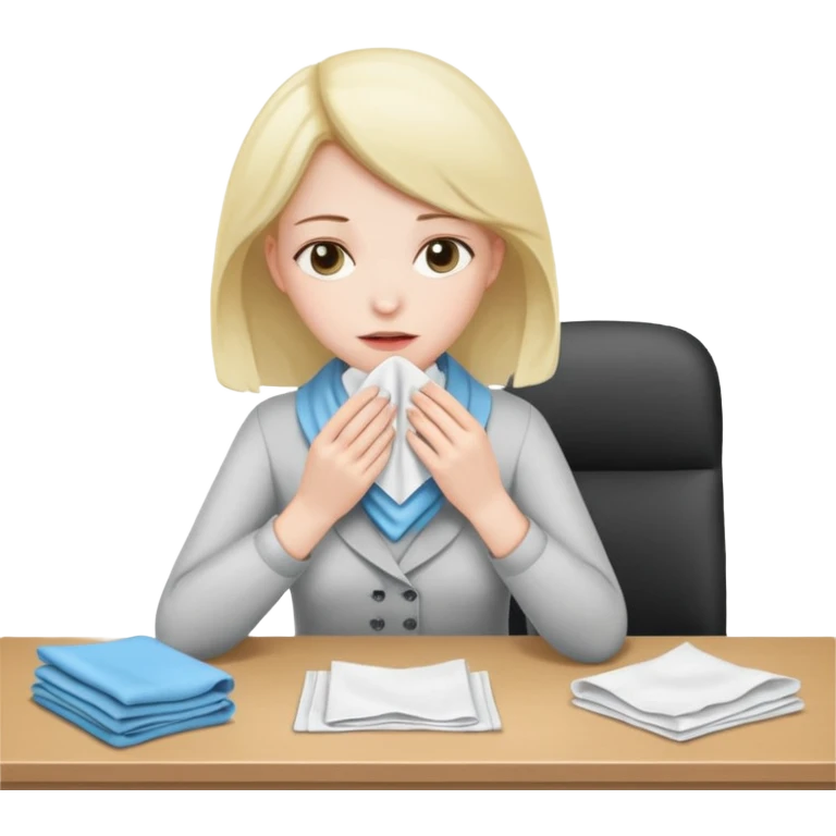 хвора дівчина сидить в офісі за столом, у неї в руках хустинка emoji