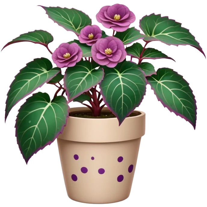 Begonia Rex plant in beige pot with only foliage, no flowers. Each leaf has dark green color, purple edges, white spots in middle, and clear spiral pattern at center where leaf grows emoji