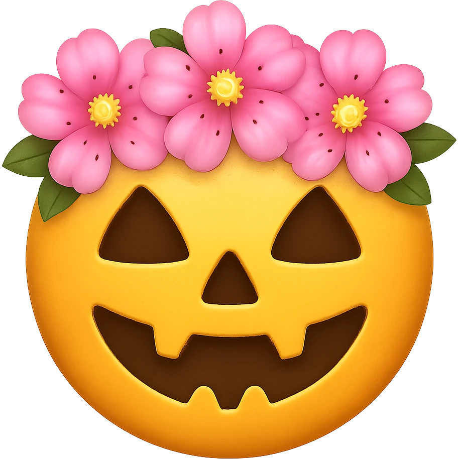 halloween yellow face with pink flower crown emoji, digital illustration, remove background emoji