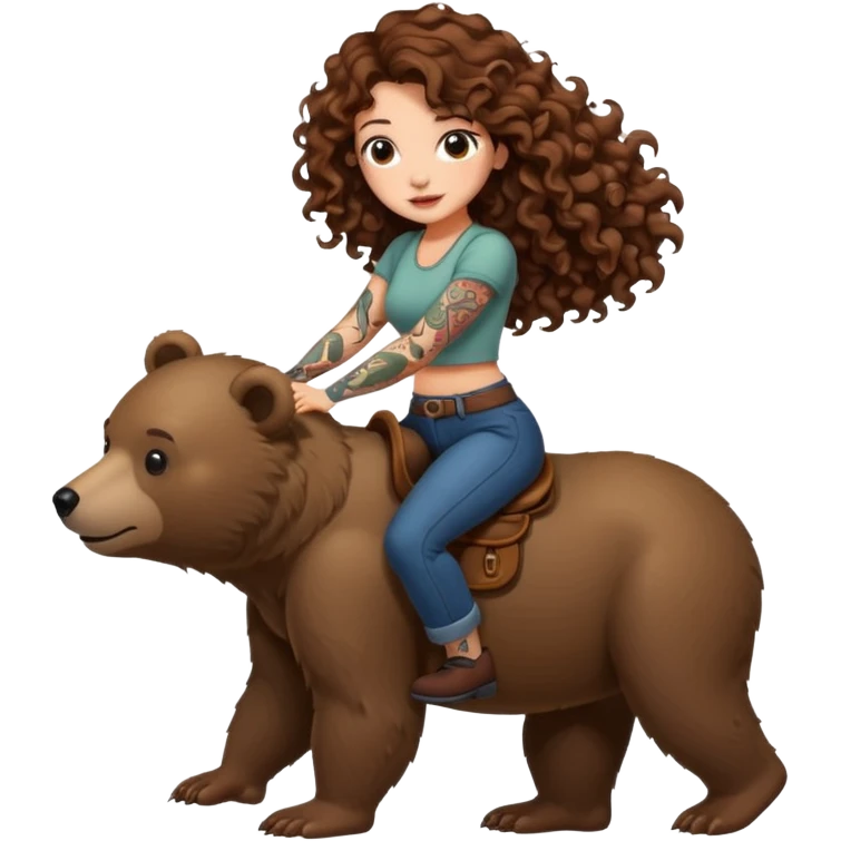 cute woman long curly brown hair tattoos riding bear emoji