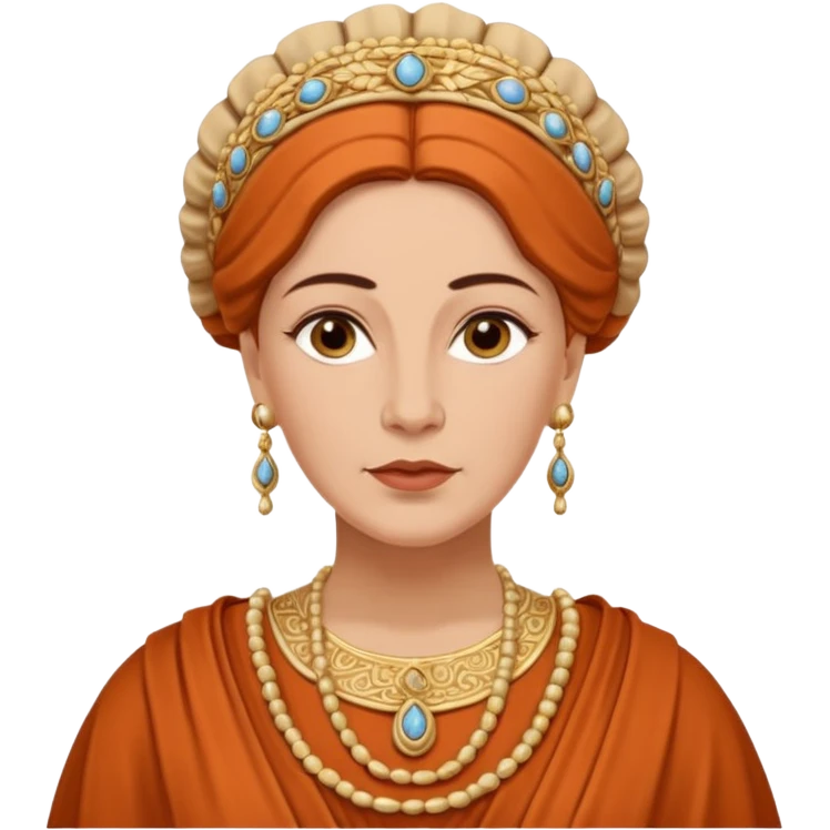 An emoji portrait of a mature Greek noblewoman. She wears a terracotta-colored chiton with intricate embroidery. Her hair is styled in an elegant updo, and she has a calm, wise expression. emoji