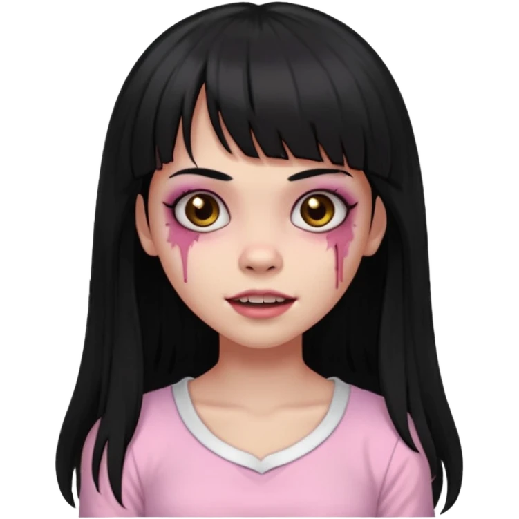 light-skinned black zombie girl with long black hair and bangs, wearing a light pink blouse, slightly smiling emoji
