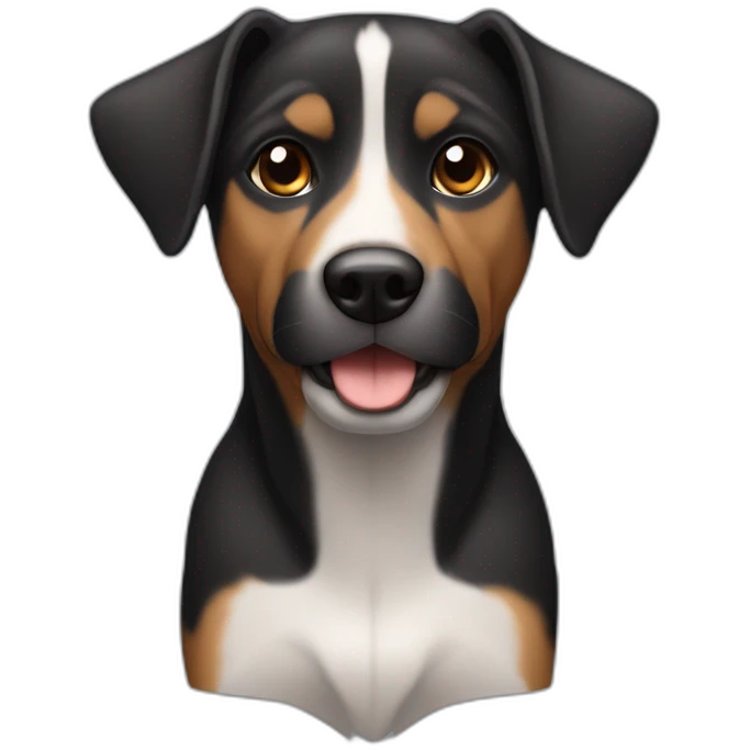 Black small mixed breed dog with down turned ears and brown face accents and a gray snout emoji