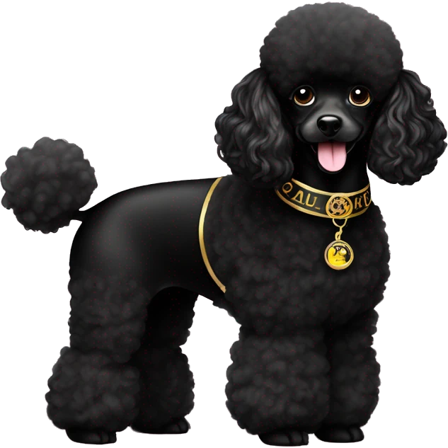 Black miniature poodle with a black Versace collar with a name tag that says Lucy  emoji