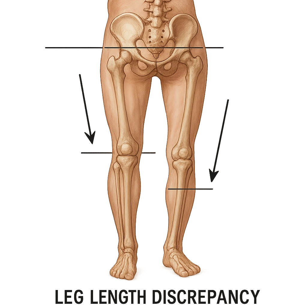 Medical style hyperrealistic posterior view highlighting very clearly the difference in leg length: one leg visibly shorter than the other. Add arrows, reference lines, and an anatomical caption to make the concept immediately understandable. No background. Variation 5. emoji