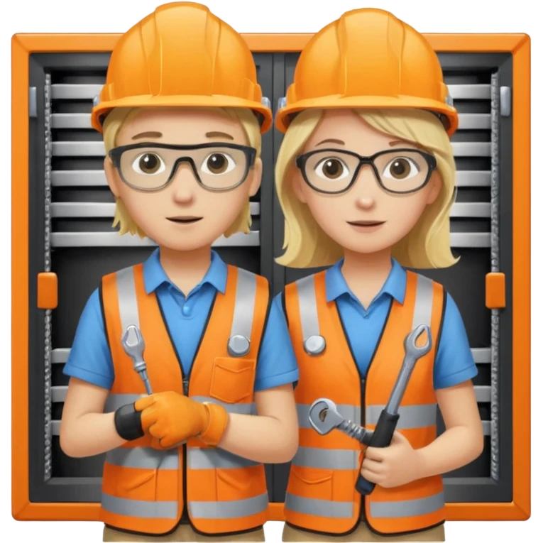 Boy and girl(blond hair) pushing Data center rack servers. They wearing helmet, ear protection, safety glass, orange vest. Holding drill and wrench emoji
