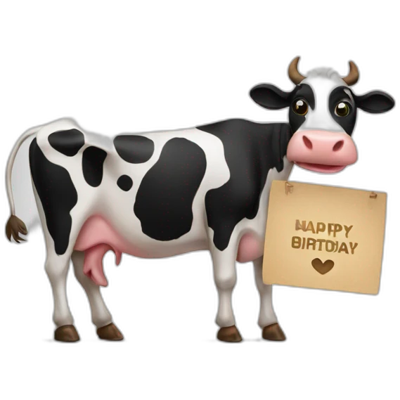 cow holding a sign that has “Happy Birthday Priya” emoji