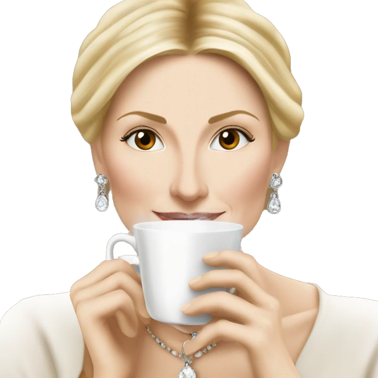 Kelly Rutherford with jewellery wearing white drinking cappucino emoji