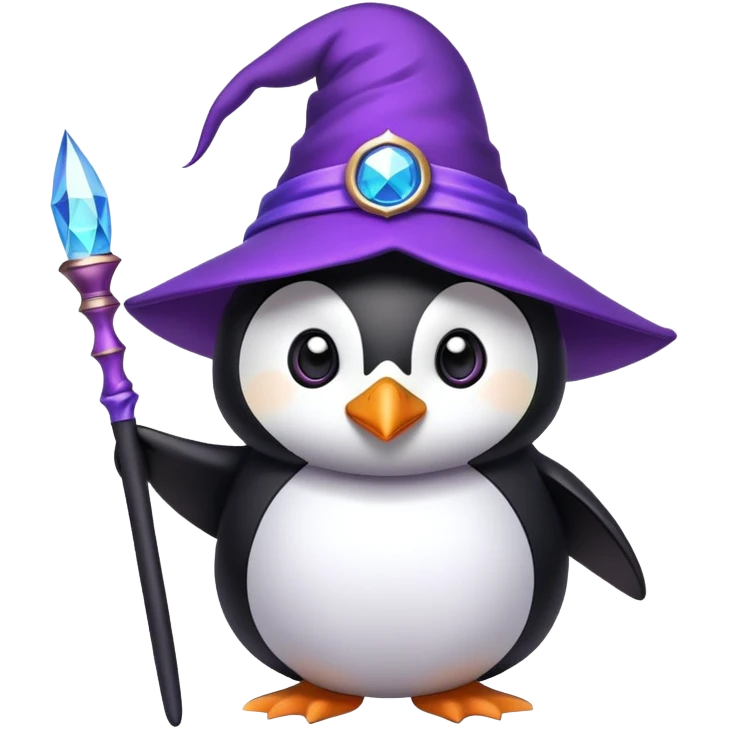 Penguin wearing a purple wizard hat and holding a magic wand emoji