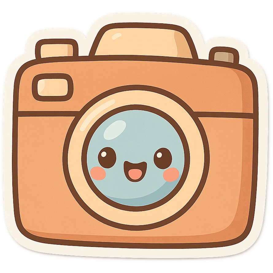 chibi sticker-style camera with a smiling face, cute and exaggerated emoji