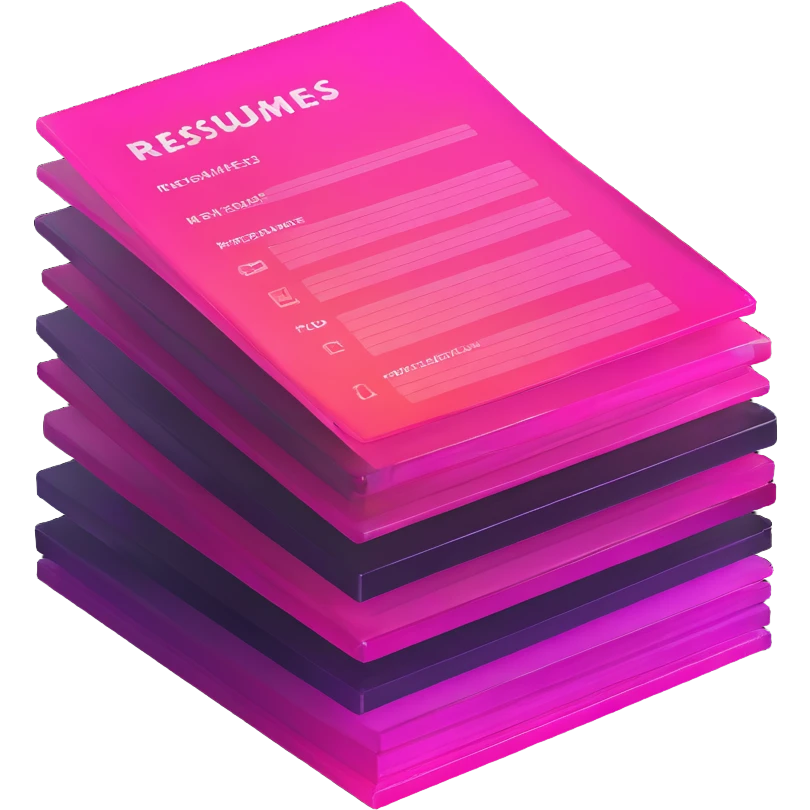 stack of resumes, transparent glass with bright pink gradient from #FF335F to #FF99AA, soft shadows and highlights, minimalistic emoji