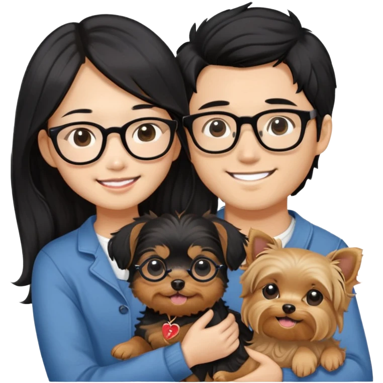 “An Asian girl with long, wavy black hair (loose, no hair tie) next to her smiling boyfriend—a light brown-skinned man with a Korean-style haircut and glasses. Together, they’re holding a small Yorkshire Terrier emoji