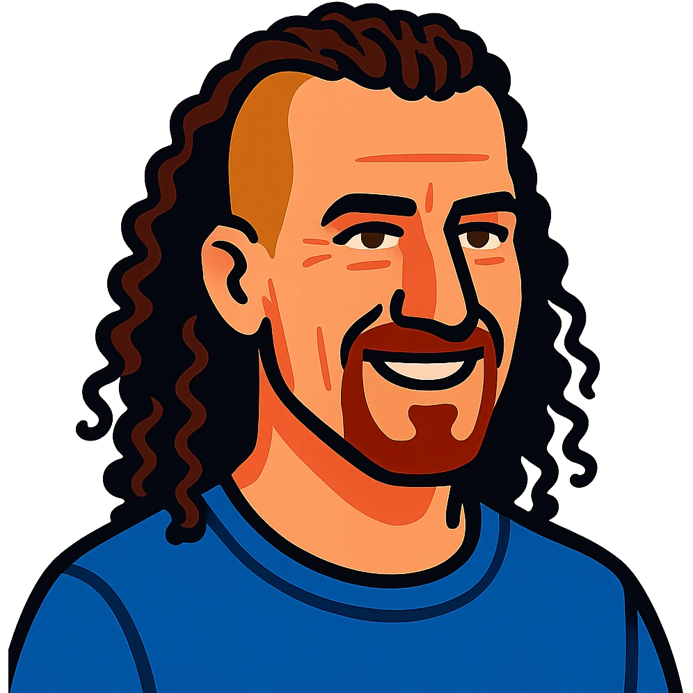 vibrant toon style white man in his 40s, long tight curly hair with short sides, no background emoji