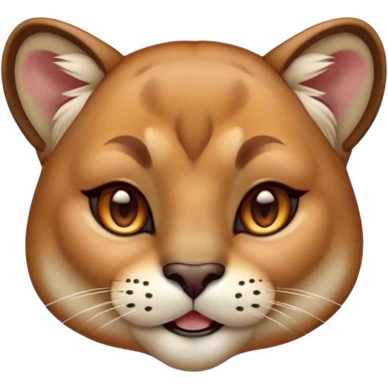 Cinematic Cute Cougar Portrait Emoji, Head tilted playfully and inquisitively, featuring a glossy, tawny Fur with delicate dark markings and round, sparkling amber eyes filled with curious mischief, Simplified yet irresistibly adorable features, highly detailed, glowing with a warm, friendly glow, high shine, affectionate and agile, stylized with a touch of wilderness whimsy, bright and endearing, soft glowing outline, capturing the essence of a mischievous yet loving cougar, so playful it feels like it could prowl out of the screen and into your arms! emoji
