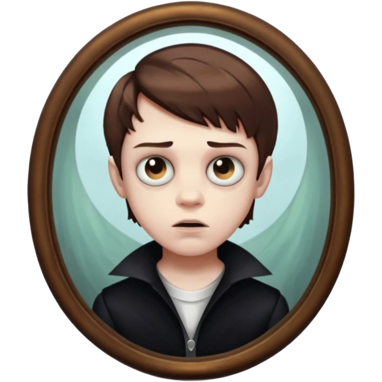Spooky killer on fancy mirror behind boy emoji