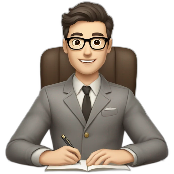 Pale skinned Fit Man With dark brown hair in gray jacket, beige office shirt and vintage glasses sitting In a soft chair with a notebook with emblem Ψ and a pen in his hands emoji