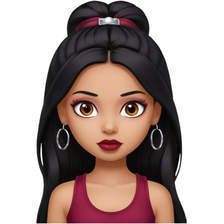 a pretty bratz girl with long black hair, kajal under eyes, small silver hoop. Dark cherry red tank top on.  emoji