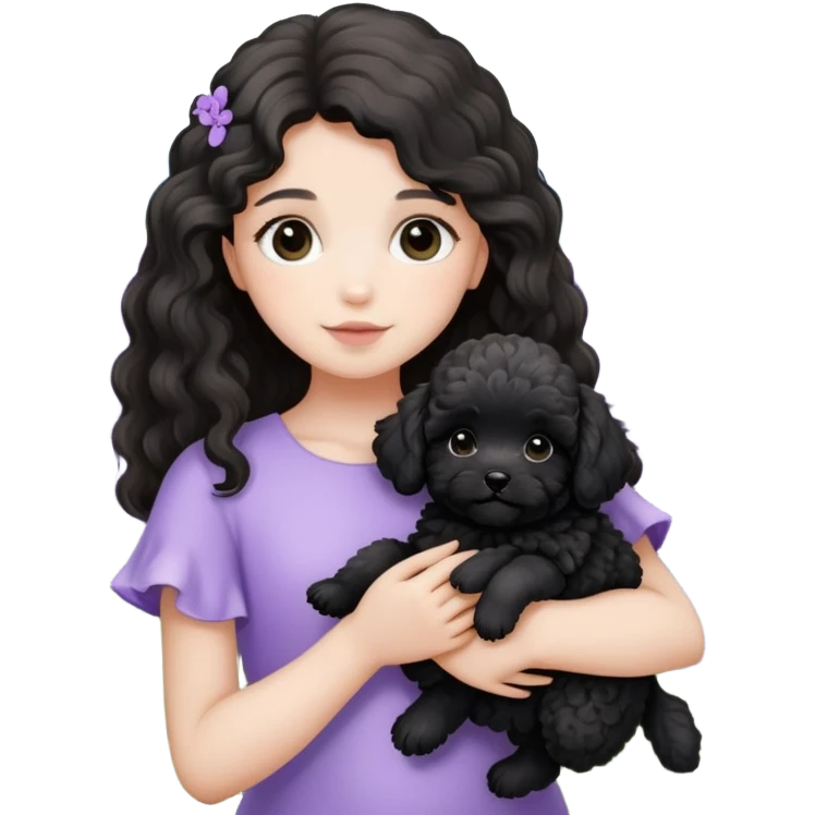 A long-haired girl holds a black maltipoo puppy in the lavender flowers emoji