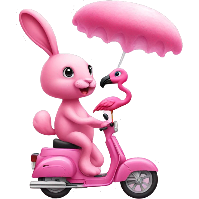 pink bunny and pink flamingo riding pink cotton candy emoji