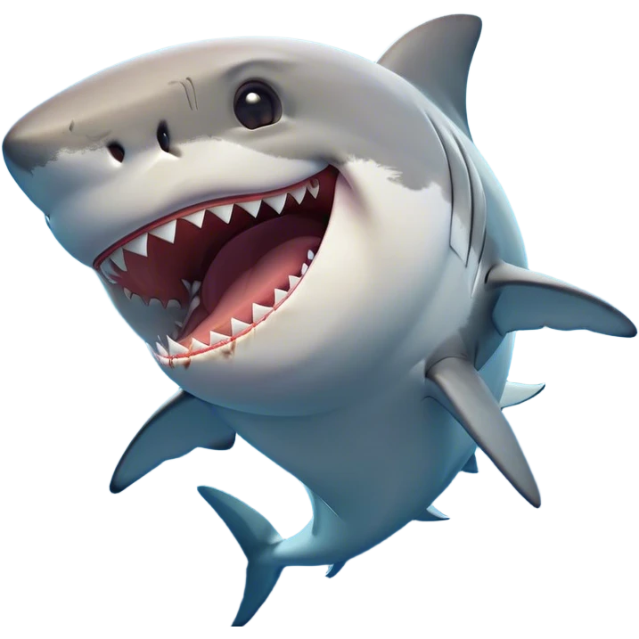 Cinematic Cute Yawning Great White Shark Portrait Emoji, Head tilted slightly with a dramatic, wide-open yawn, showcasing its robust, streamlined form with a slightly open mouth revealing powerful jaws and sleepy, half-closed eyes, Simplified yet irresistibly adorable features, highly detailed, glowing with a soft, cozy oceanic glow, high shine, relaxed yet expressive, stylized with a hint of whimsical aquatic ease, soft glowing outline, capturing the essence of a drowsy yet affectionate great white shark that appears ready to stretch and yawn its way out of the screen! emoji