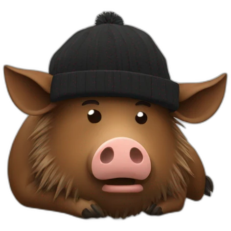 fullface brown boar tired of life with a black winter hat emoji