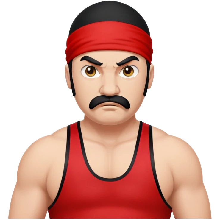 White skin fat guy with prominent black durag, short black beard and mustache, black eyes in a red and black wrestling singlet with angry face emoji