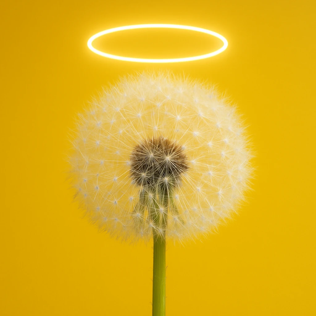 a dandelion with a halo and a yellow background emoji