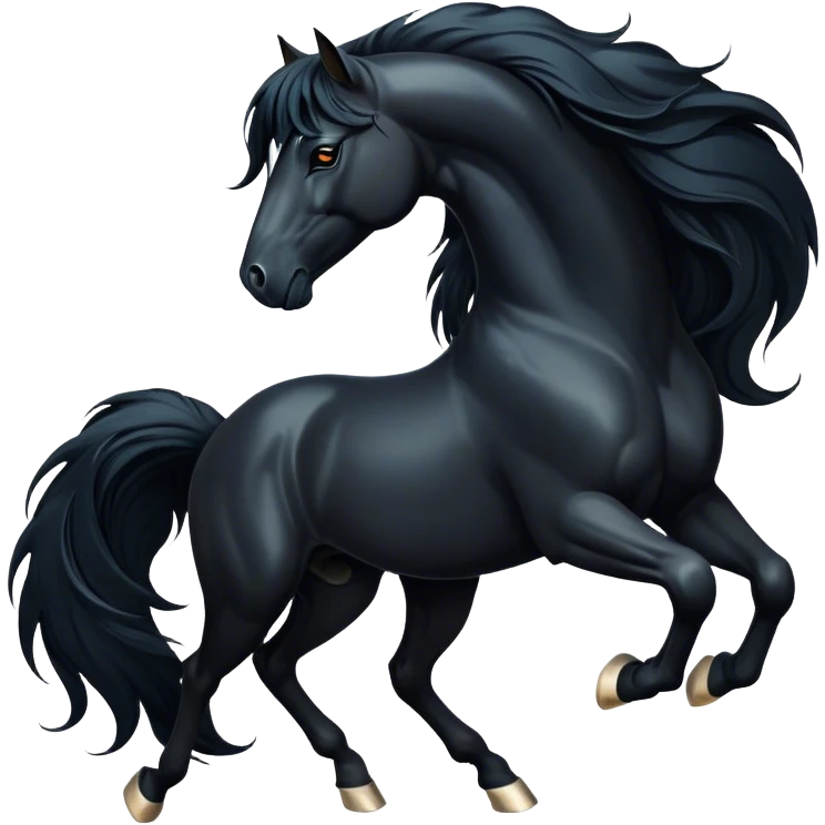 Cinematic Elegant Black Horse Portrait Emoji, Head held high with a serene, powerful gaze, showcasing a magnificent jet-black fur with a radiant, glossy finish, a flowing mane and tail, and piercing dark eyes exuding beauty and strength, Simplified yet majestically refined features, highly detailed, glowing with a soft, ethereal light, high shine, poised and breathtaking, stylized with an air of pure elegance, capturing the essence of a stunning and graceful steed, so beautiful it feels like it could gallop out of the screen with effortless charm! emoji