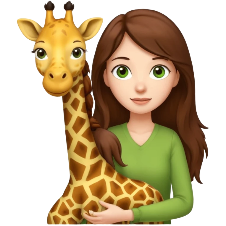 woman with long brown hair green eyes girl emoji pulling up a giraffe plushie emoji